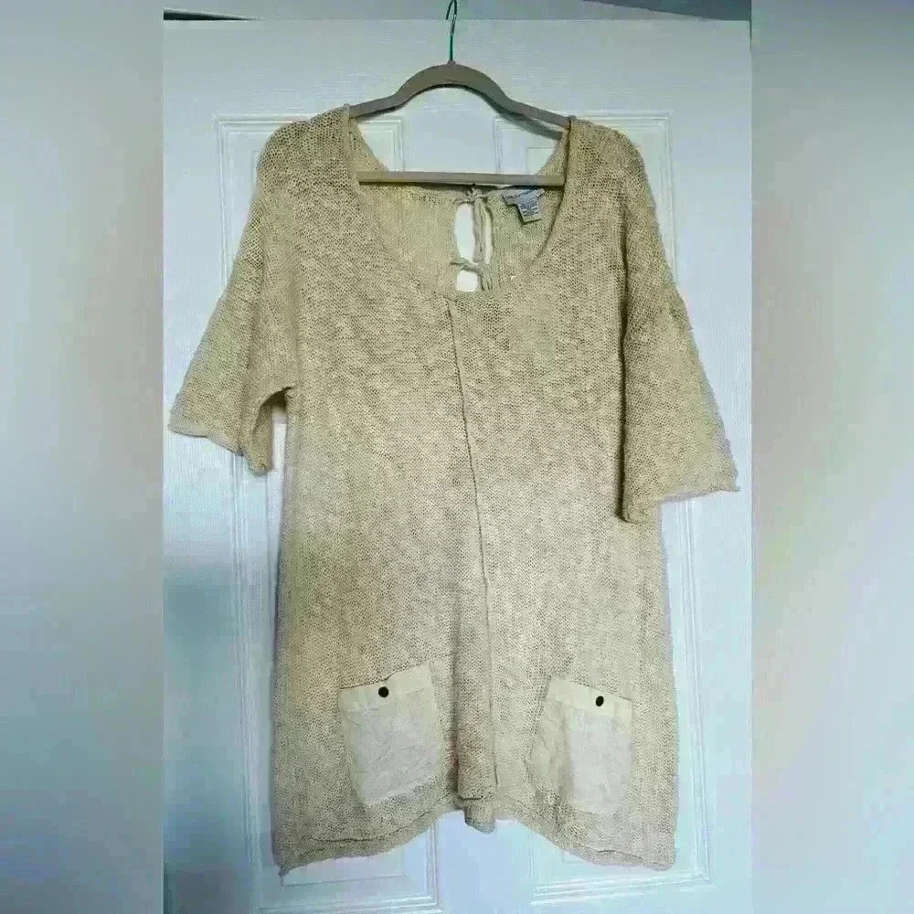 Soft Surroundings Knit Tunic Sweater Womens Size L, Cream NWT Short Sleeve